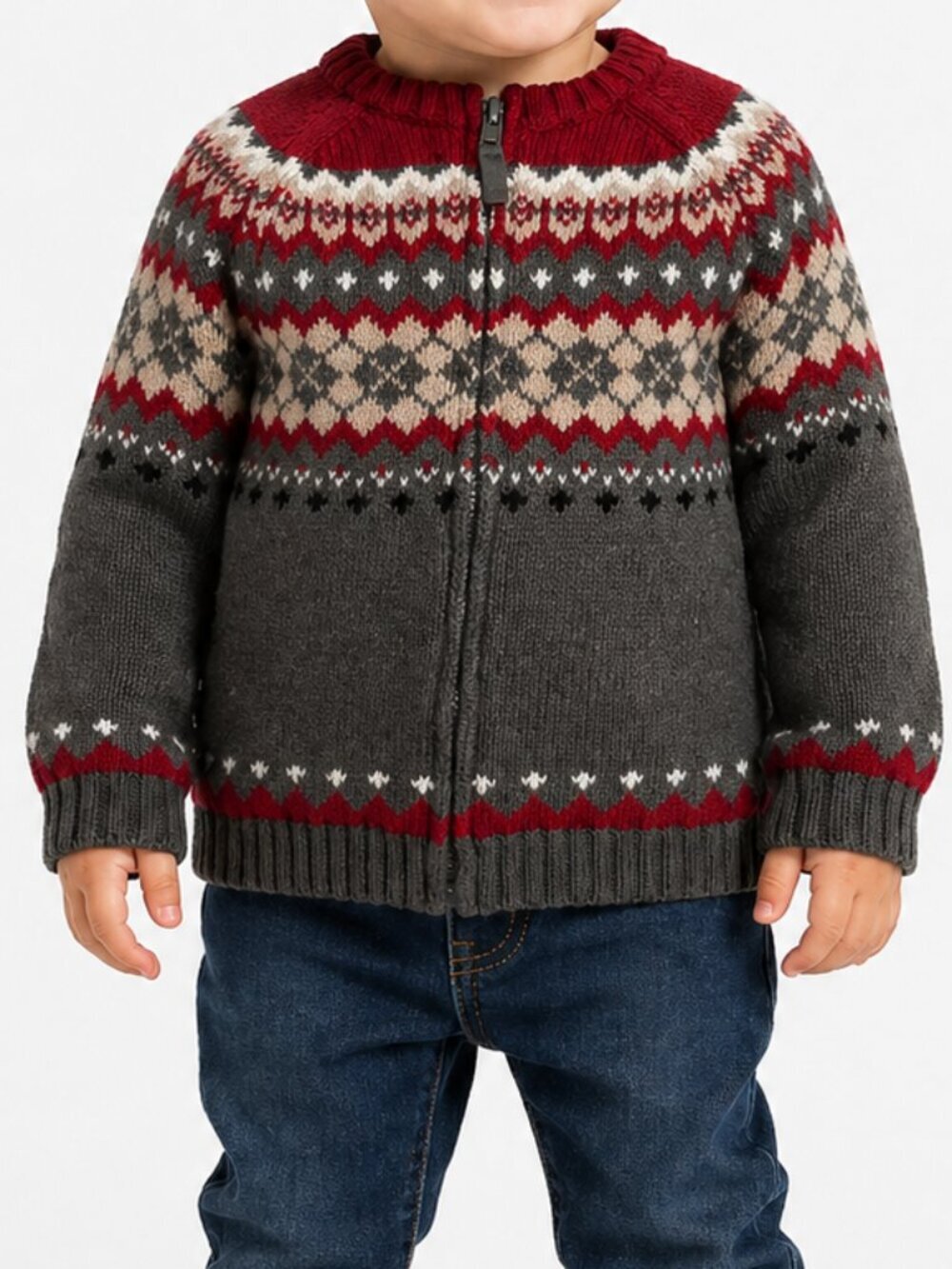 JANIE & JACK Fair Isle Nordic Zip Up Sweater Gray Red 2T